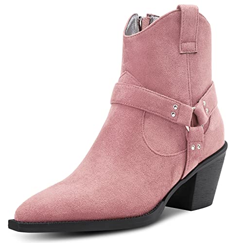 Aachcol Women Ankle Boots Short Bootie Square Toe Low Kitten Chunky Block Heel Western Cowboy Cowgirl Suede Zipper Dress Shoes 2.5 Inch