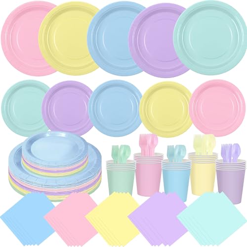 CUUSNNY 200 Pcs Pastel Rainbow Disposable Dinnerware Set Macaron Color Paper Plates Cups Napkins Plastic Forks Knives Spoons Pastel Party Tableware Serves 25 Guests