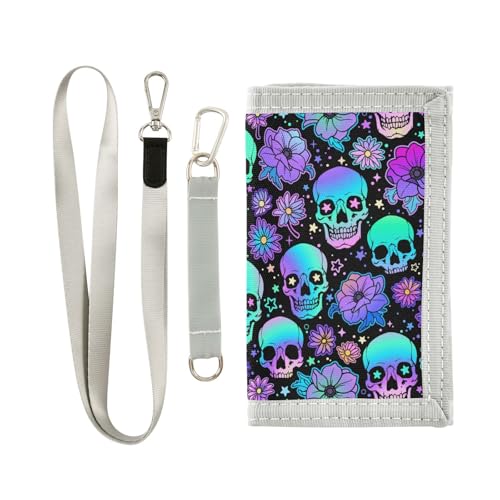 JHKKU Skull Flowers Kids Wallet for Boys Girls, Teen Canvas Trifold Purse with Zipper Coin Pocket