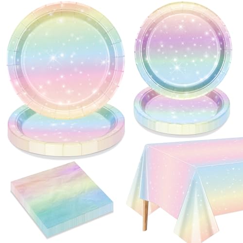 Pastel Rainbow Birthday Party Decorations for 20 Guests, Includes Pastel Paper Plates, Napkins, Rainbow Tablecloth for Girls Birthday Pastel Party Baby Shower Party