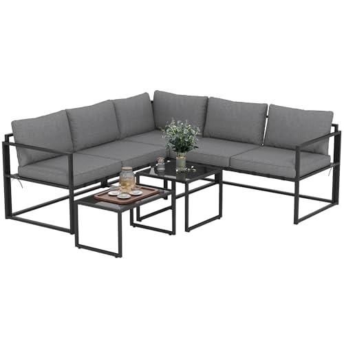 Outsunny - Salón de jardín esquinero 4 piezas: sofá 3 plazas, sofá 2 plazas, 2 mesas bajas nido cristal templado, cojines incluidos, muebles de terraza Veranda, gris
