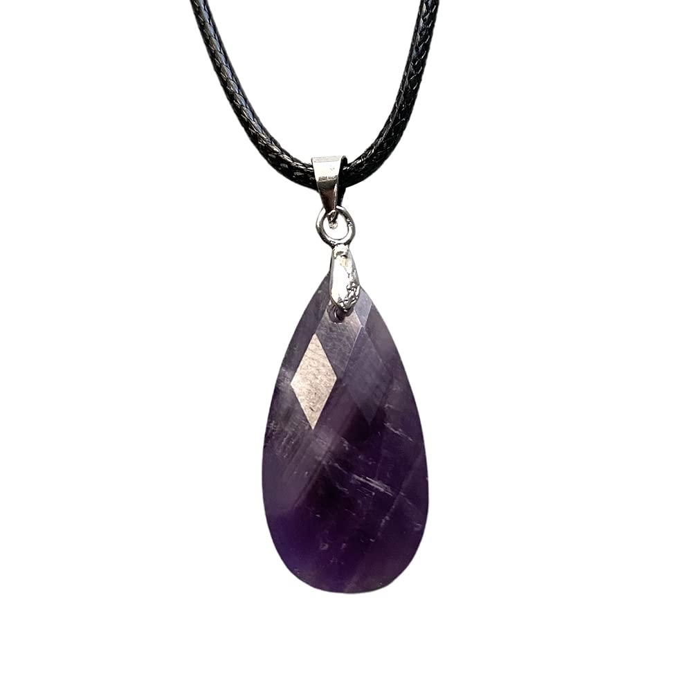 VIE Teardrop Faceted Pendant with Black Cord, 2.5x1.5cm, Amethyst