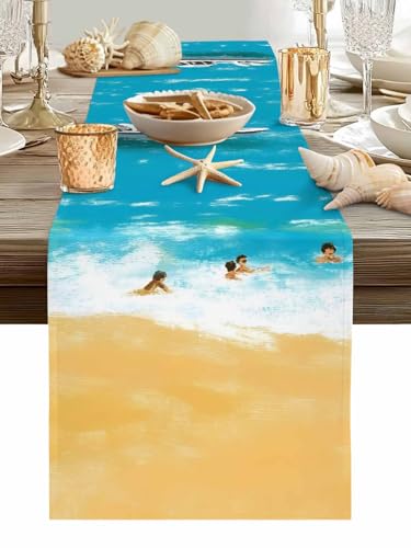 Ocean Beach Table Runner 48 inches Long Watercolor Summer Cruise Ship Swimmers Kitchen Dining Table Decorations for Home Party Decor Indoor Outdoor 13x48 Inch