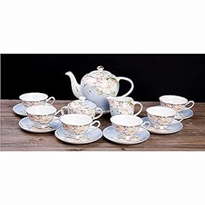 15 Pieces Porcelain Tea Sets for Adults Bone China Vintage Coffee Cups and Saucer Service of 6, with Teapot, Sugar Bowl, Creamer Pitcher for Wedding and Household,Pink (Blue)