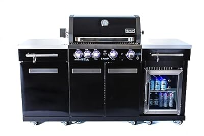 Mont Alpi MA-957FC 5-Burner 63000 BTU Black Stainless Steel Outdoor Kitchen Bar Gas Barbecue Island Grill with Infrared Rear Burner + Fridge Cabinet + Rotisserie Kit & Full Weather Cover
