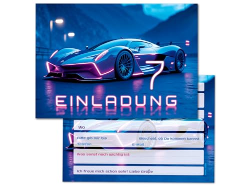 JuNa-Experten 8 tarjetas de invitación para el 7º cumpleaños infantil, diseño de coche de carreras, diseño de coche de carreras