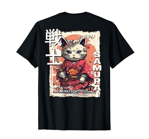 Rückenprint Samurai Cat Warrior Japanese Ninja Kitty Kawaii T-Shirt