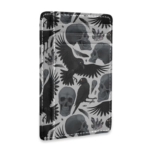 Sletend Gothic Crows Skulls Gothic Slim RFID Blocking Credit Card Case Holder, Minimalist Leather Wallet Front Pocket Card Cases with ID Window for Men & Women