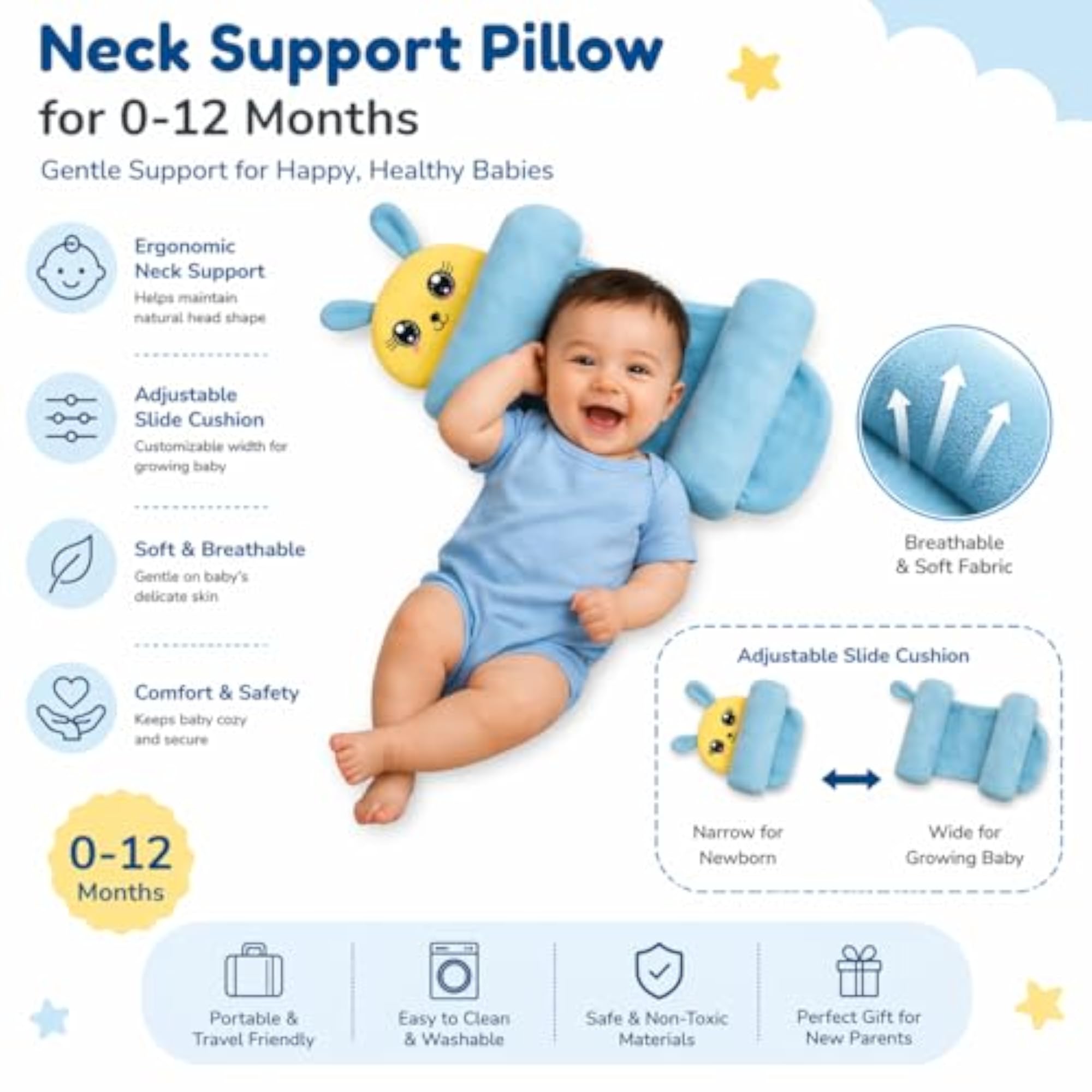 Cute Blue Mouse Shaped Cushion with Adjustable Side Rollers