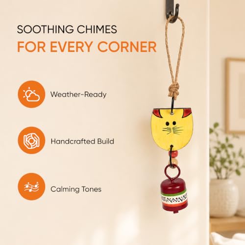 Image of Aakriti Art Creations Handpainted Wild Cat Wind Chime in Yellow & Red | Modern Art Wooden & Metal Wind Chime with Bell | Matte Decorative Wind Chimes for Balcony, Garden & Home, Living Room & Gifting