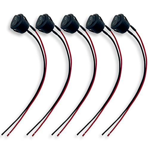 5Pcs On Off Round Rocker Switch Spst, 12 Volt Dc Mini Circle Toggle Switch, 6A/250V Ac 10A/125V Dc, 20Mm Mini Rocker Switch With Pre-Soldered Wires For Auto Car Marine Boat, Kcd1-X-Y #TOP11