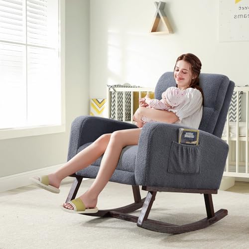 Image of HCHAIRH Rocking Chair Nursery with Foot Rest, Teddy Nursing Rocking Chairs for Mom Breastfeeding, Rocker Glider Chair with High Backrest for Living Room, Bedroom, Blue Grey