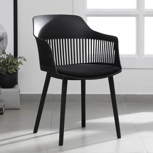 Image of Creative Black Plastic Dining Chairs Set of 4 | Armrest Spindle Back Design | Plastic Shell and Legs | 1.47 Feet Seat Height | Dining Kitchen Cafe Restaurant Living Room Home Use