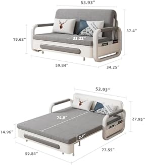 NessCarsti Full Size Pull-Out Sofa Daybed with Trundle - Versatile Futon Sleeper Couch for Living Room and Small Spaces (34.25"" D x 59.84"" W x 37.4"" H) - Gray/White Sofa Bed