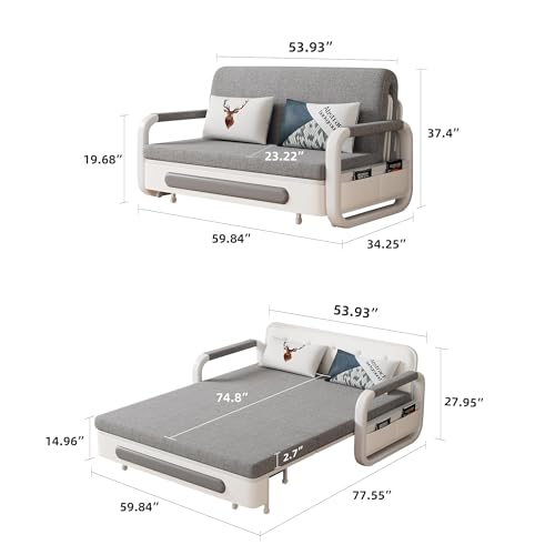 NessCarsti Full Size Pull-Out Sofa Daybed with Trundle - Versatile Futon Sleeper Couch for Living Room and Small Spaces (34.25"" D x 59.84"" W x 37.4"" H) - Gray/White Sofa Bed