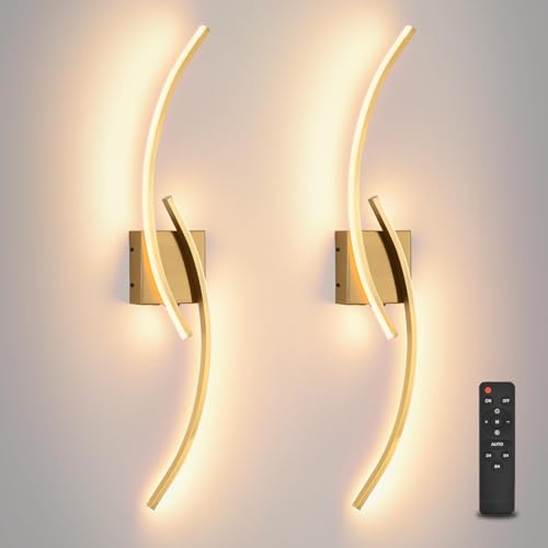 Image of Battery Operated Wall Sconce Set of two, 3000K-6000K LED Dimmable Battery Wall Sconces with Remote Control, USB Rechargeable 31.4 inch gold Wireless Wall Lights for Living Room, Bedroom, Staircases