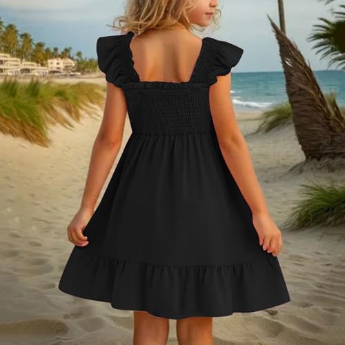 Girls Summer Dresses Cute Sleeveless Pleated Square Neck Ruffled Mini Dress Solid Color A Line Beach Sundresses 20254