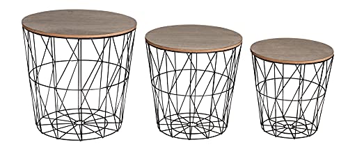 levandeo 3er Set Beistelltisch Metall Metallkorb Drahtkorb Schwarz Braun Couchtisch Deckel Aufbewahrung Design Deko Tisch Home