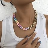 Wekicici Chunky Half Resin Gold Alloy Link Chain Necklaces Colorful Resin Paperclip Chain Collar Nec