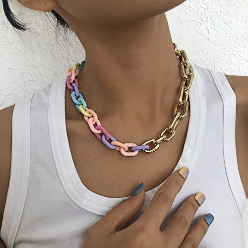 Wekicici Chunky Half Resin Gold Alloy Link Chain Necklaces Colorful Resin Paperclip Chain Collar Necklace Hip Hop Oval Resin Accessories For Women Girls Gifts(Gold) #TOP14