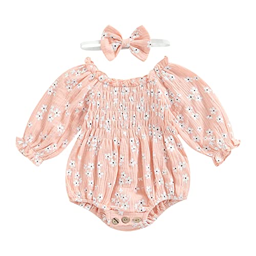Image of 2pcs Infant Baby Girls Romper Dress Headband Long Sleeve Clothing Flowers Newborn Boho Girl Outfit Jumpsuit Clothes