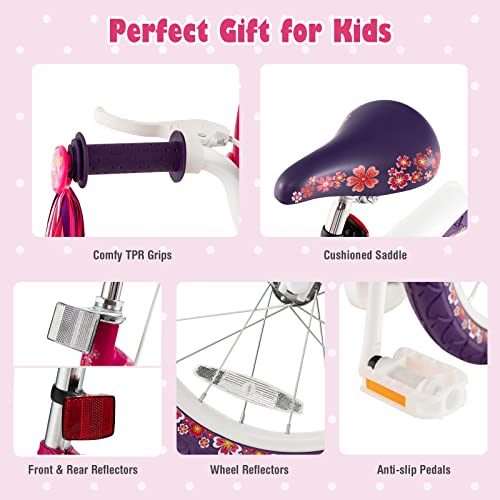 Image of BABY JOY Retro Kids Bike, 12 14 16 18 Inch Child Bike for 3-8 Years Old w /Rattan Basket, Adjustable Height, Training Wheels, Fenders, Handbrake Coaster Brake, 95% Pre-Assembled Kids Bicycle for Girls