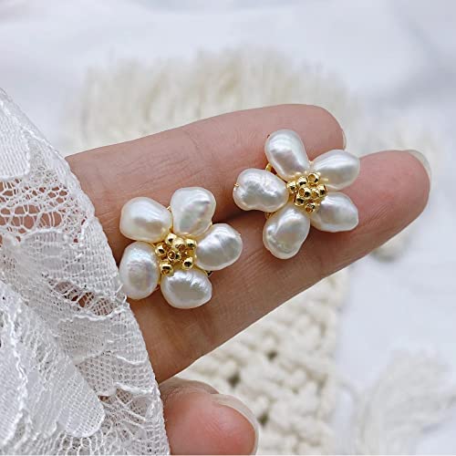 Baroque Pearl Stud Earrings For Women, Handmade Flower Pearl Stud Earings 14K Gold Plated 925 Sterling Silver Post (White) #TOP2