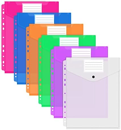 6 Packs Plastic Envelopes Binder Pocket 11 Holes Clear File Folders with Snap Button Closure & Label Loose-Leaf for 2/3/4 Ring Binder for School Home Office (Vertical-Opening)