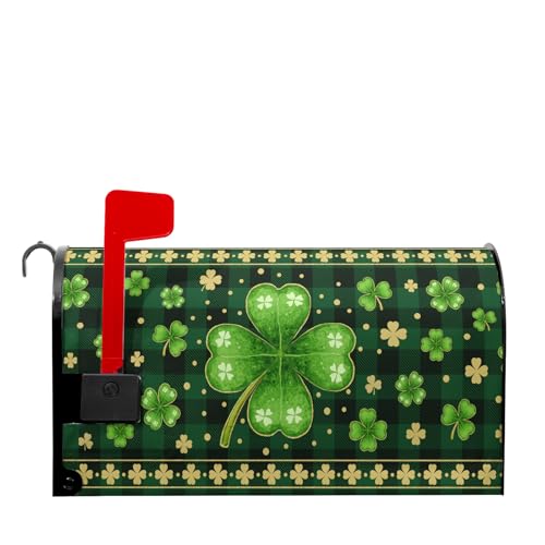 Image of Happy St. Patrick's Day Mailbox Covers Magnetic Plaid Shamrock Green Leaf Mailbox Cover Standard Size 18 X 21 Inch Spring Clovers Holiday Wrap Post Letter Box Decorative for Outdoor Home Garden Yard