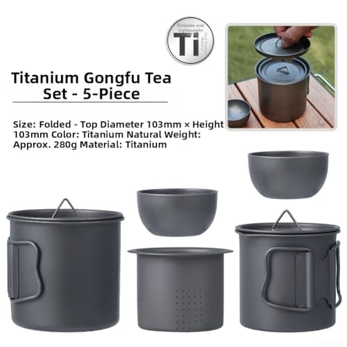 Juego de té de titanio con mango plegable: set de 5 piezas de acabado natural 7
