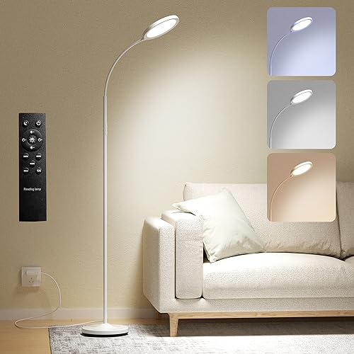 Cream White Floor Lamp,Super Bright Dimmable LED Lamps for Living Room, Custom Color Temperature Standing Lamp with Remote Push Button, Adjustable Gooseneck Reading Floor Lamp for Bedroom Office