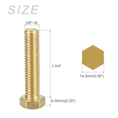 Image of METALLIXITY Hex Head Screw Bolt (3 /8-16x1-3 /16) 2Pcs, Brass Fully Threaded Solid Brass Hex Bolts Machine Screws - for Machinery Repair