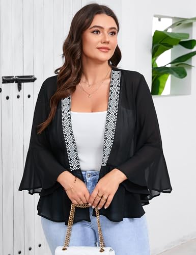 Image of Women's Plus Size Lightweight Chiffon Cardigan Open Front Cover Up Long Sleeve Ruffles Summer Top Casual Beachwear