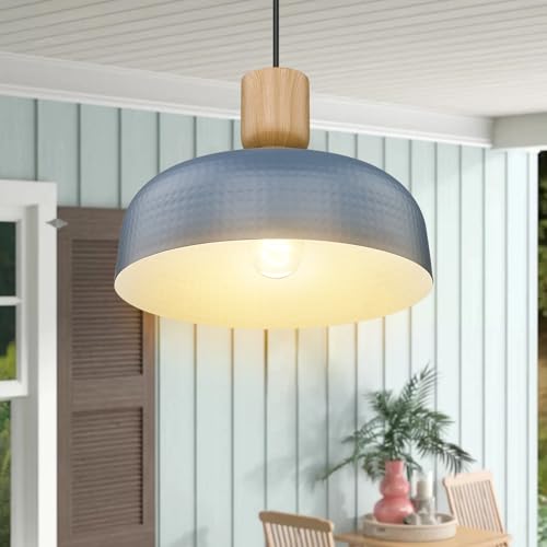 Image of Darkaway Dusk to Dawn Industrial Pendant Light Fixtures Ceiling Hanging with Hammered Metal Shade, Blue Pendant Light for Outdoor Porch Lighting Hanging Lamp Adjustable Height