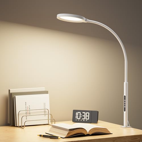 Jplednas デスクライト LED「クランプ式 ・5段階調光調色・多角度調節・タッチ操作・45分タイマー・記憶機能 」電気スタンド「円形面光源・高演色・目に優しい・12W・1000LM」 明るい卓上ライト 読書/勉強/仕事用 (ホワイト)