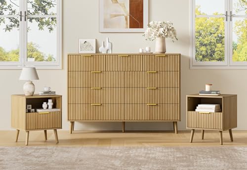 LYNSOM Fluted Dresser and Nightstand Sets 3 Piece, 9-Drawers Dresser