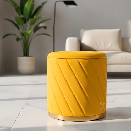 Image of Luxury Round Velvet Ottoman Stool with Gold Base - Modern Upholstered Footrest Pouffe, Tufted Vanity Seat, Living Room Bedroom Dressing Stool (Yellow)