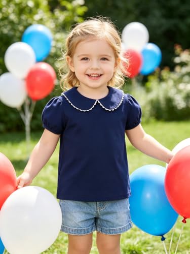 Image of Girls Peter Pan Collar Blouse Kids Short Sleeve School Shirt | Girls 12M-14Y preppy tee, scalloped Peter Pan collar, puff short /ruffle long sleeves. Breathable cotton for school & daily.