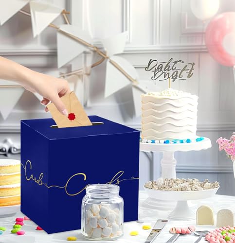 Image of HEIPINIUYE Large Card Box for Party 9.8 inch x 9.8 inch Blue Card Box with Gold Foil Design Envelope Box Gift Card Holder Box for Wedding Birthday Baby Shower Retirement Graduation Party Raffle Box