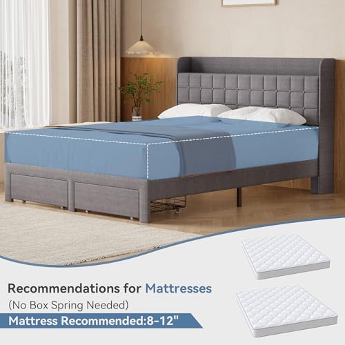 Image of Queen Size Storage Bed Frame, Square Tufted Headboard, Platform Bed with 2 Underbed Drawers at Foot, Wooden Slats Support, No Box Spring Needed, Dark Gray