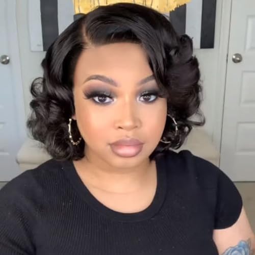 WIGNEE Side Part Short Curly Lace Wig Loose Wave Bob Wigs Natural Black Synthetic Hair 4×1 Lace Wigs For Women Heat Resistant Fiber Curly Wave Glueless Wig(10inch,Black)