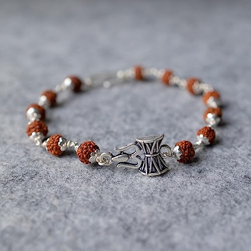 Image of Hem Jewels Pure Silver Rudraksh Bracelet Rakhi with Damru and Trishul for Brother | Silver Rakhi for Brother | Silver Bracelet for Boys and Men (HJ RKH50)