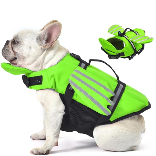 Petglad Dog Life Jacket, Cute Wings Adjustable Dog Life Vest with Chin Float and Handle for Swimming Boating Reflective High Buoyancy Swim Float Vest for Small Medium Large Dogs (Green, S) G