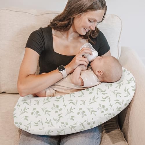 Image of Konssy 2 Pack Nursing Pillow Covers, Stretchy and Soft Nursing Cover for Breastfeeding Pillows, Pillow Slipcover for Baby Girls Boys Newborn (Green, Green Leaves)