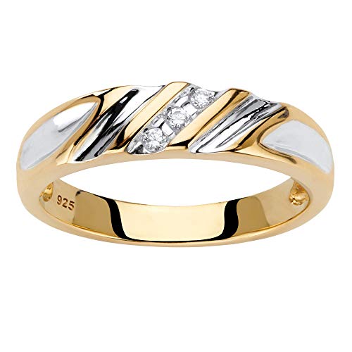 Men's 18K Gold over Sterling Silver Genuine Diamond Accent Two-Tone Diagonal Grooved Ring Size 9
