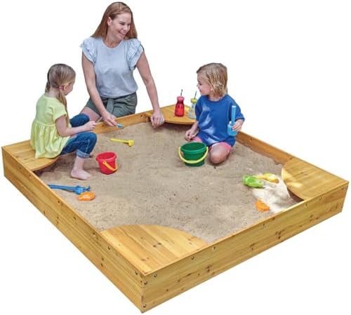 KidKraft Wooden Backyard Sandbox with Built-in Corner Seating and...