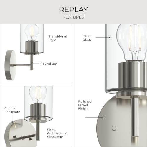 Image of Progress Lighting Replay 5.125 Inch 1-Light Vanity Light, Transitional, Polished Nickel with Clear Glass Shade, (9.75 inch H x 5.125 inch W x 5.875 inch D), P300581-104