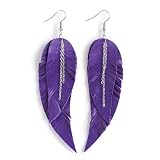 Purple Leather Feather Earrings for Women, Layered Boho Drop Earrings with Chain, Lightweight Statement Jewelry, Handmade Gift for Her