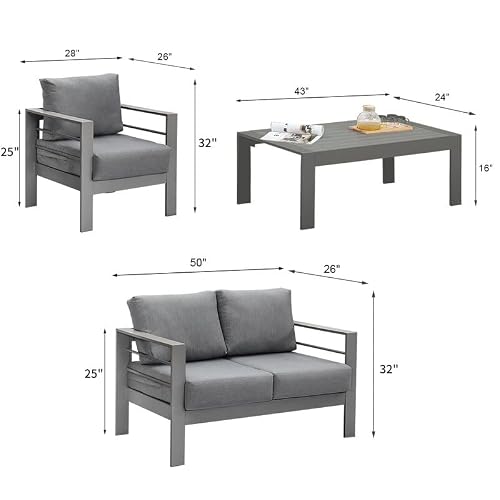 Solaste Outdoor Aluminum Furniture Set - 4 Pieces Patio Sectional Chat Sofa Conversation Set With Table,Grey #TOP2