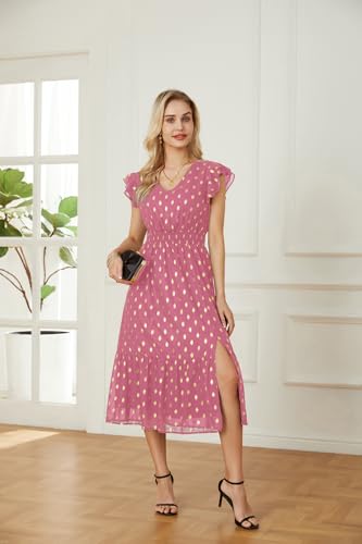Image of GRACE KARIN 2026 Womens Summer Dresses V Neck Ruffle Sleeve Floral Boho Beach Dress A-Line Swing Midi Wedding Guest Sundress